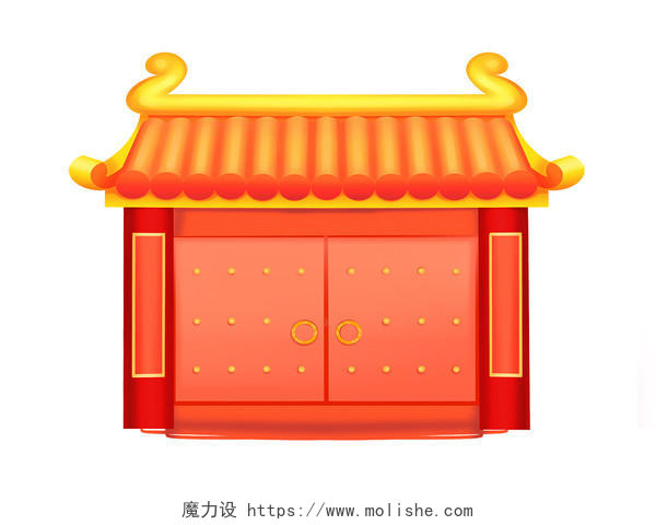红色手绘卡通国潮中国风古风房子房屋建筑元素PNG素材